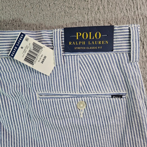 NEW Polo Ralph Lauren Pants Men 36 x 30 Stretch Classic Fit Whtie Blue Striped - Picture 1 of 12